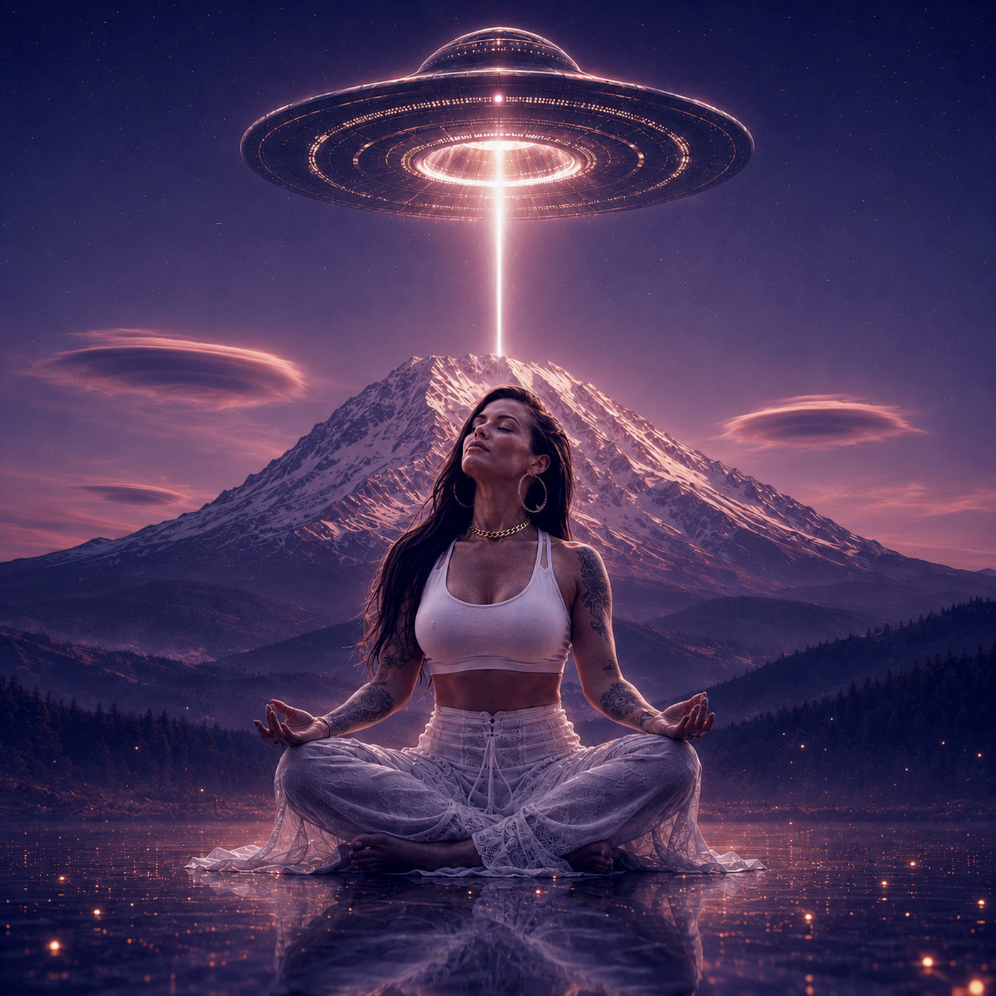 Gayle Fuller in meditation before Mount Shasta beneath a craft — The Contact Code