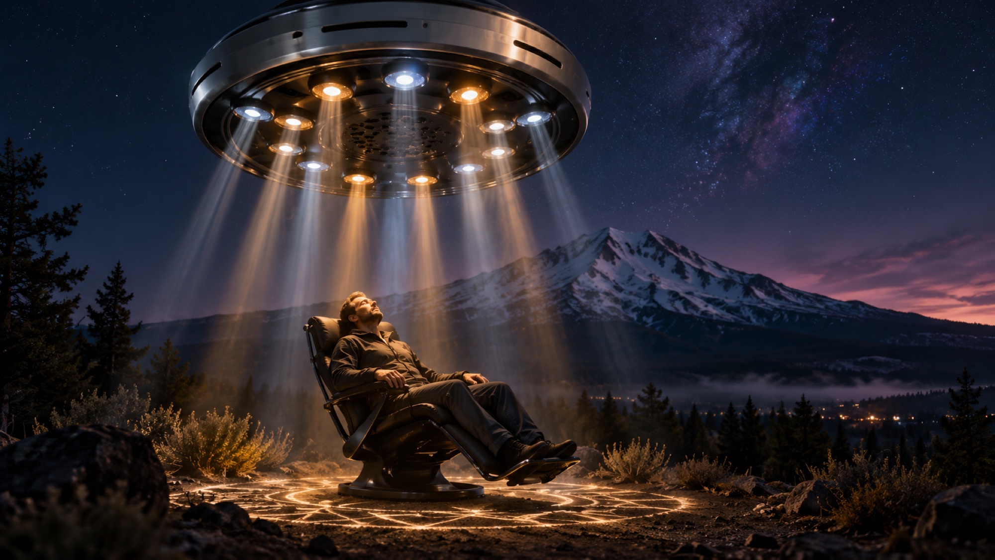 A man reclined beneath a ring of white and amber lights, Mount Shasta behind him under a night sky